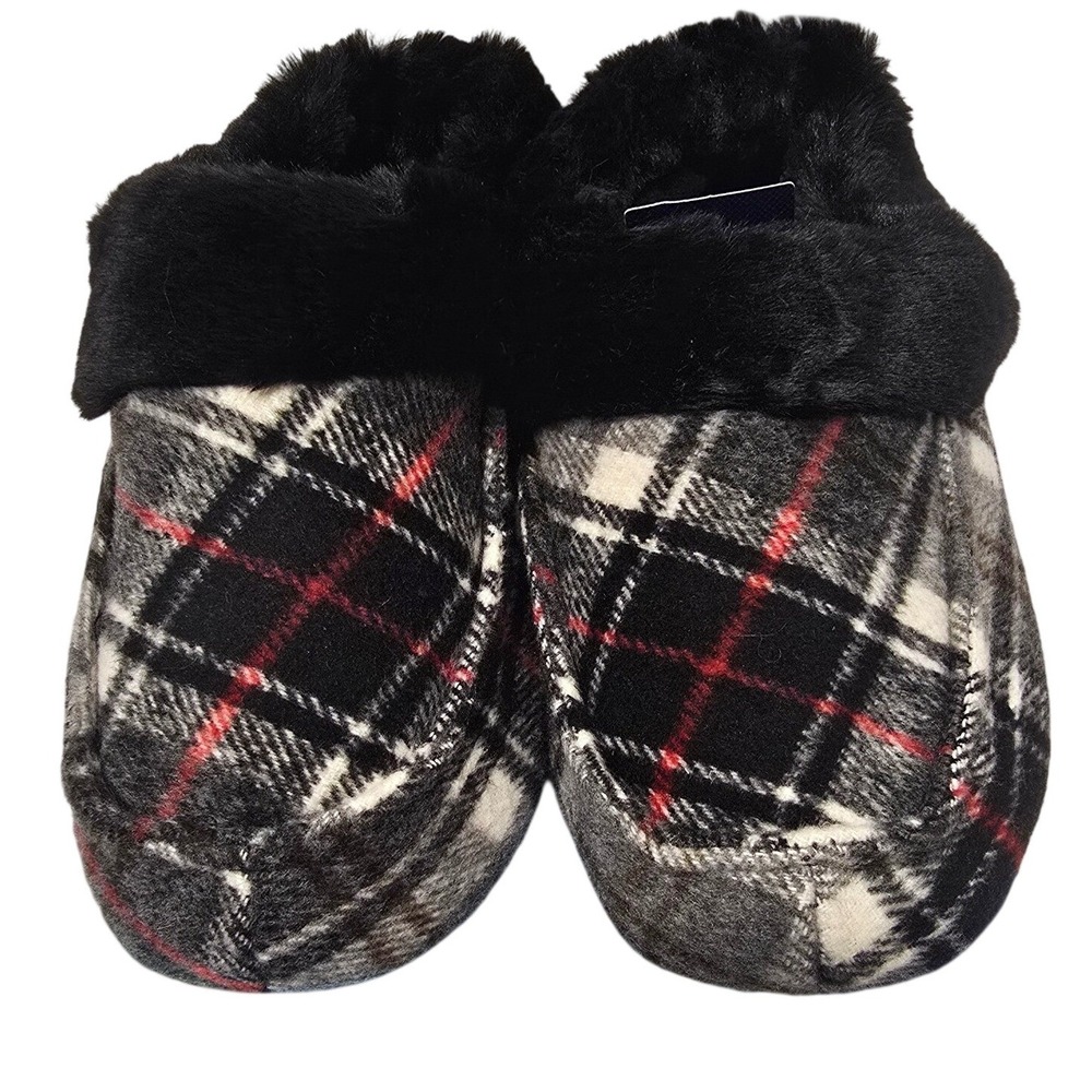 Isotoner Womens Plaid Memory Foam Slippers Grey Red Faux Fur Trim 5-6 S NWT